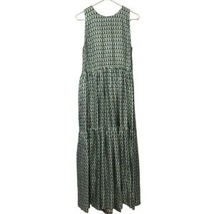 Odeeh 100% Silk Guitar Print Tiered Maxi Dress Mint Green Orange Size 38 US6